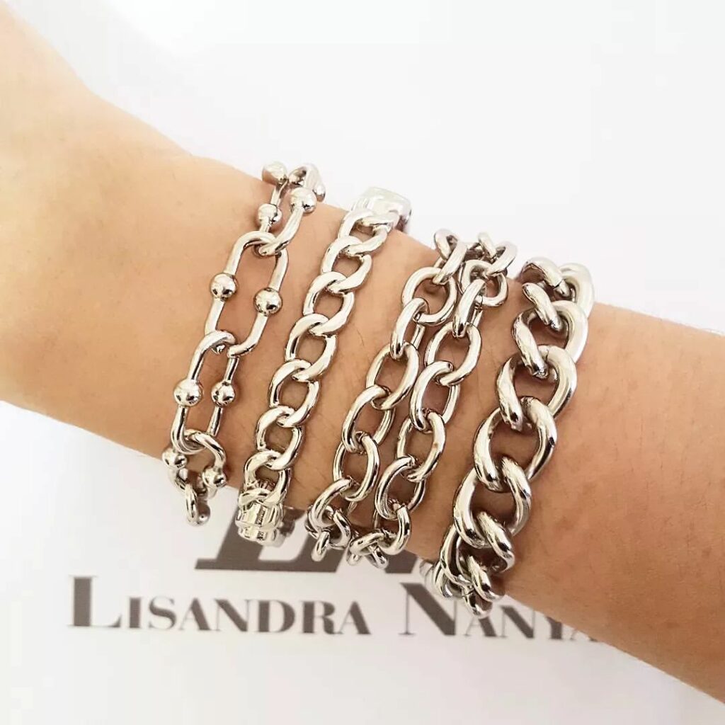 Conjunto Pulseiras Prateadas Corrente Metal C Banho Elos Gigantes