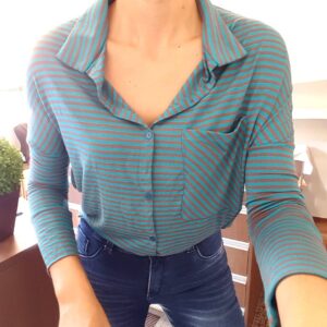 Camisa Feminina Tradicional Manga 3/4 Morcego Poliester Elastano Azul e Cinza