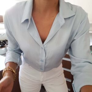 Camisa Feminina Tradicional Manga Longa Viscolinho Azul Bebê