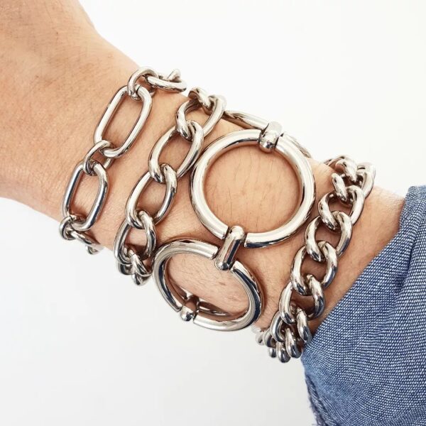 Pulseira Elo Redondo Gigante Conectado Banho Prateado Corrente Aço