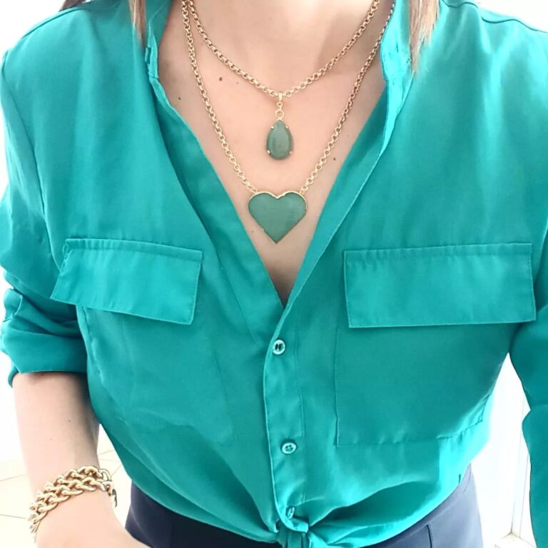 Conjunto 2 Colares Quartzo Verde Banho Ouro Elo Português-218 Corrente Aço