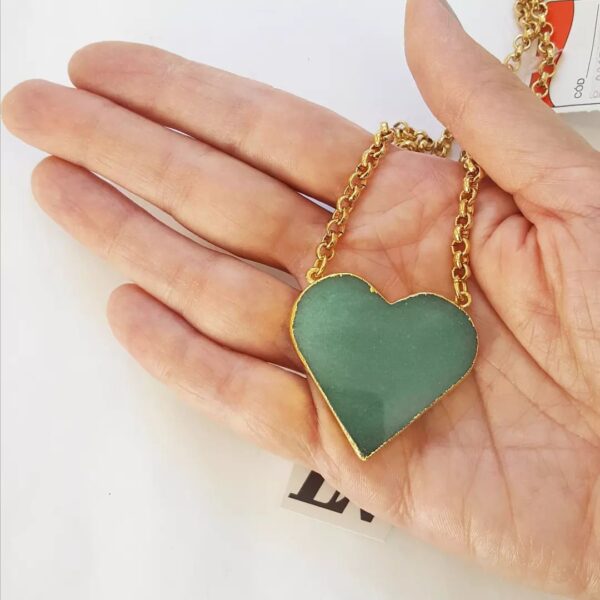 8217i Colar Coração Quartzo Verde Banho Ouro Elo Português-218 Corrente Aço