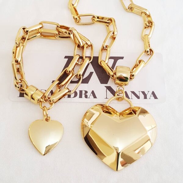 Conjunto Colar Coração Geométrico Banho Ouro + Pulseira Elo Retangular-24