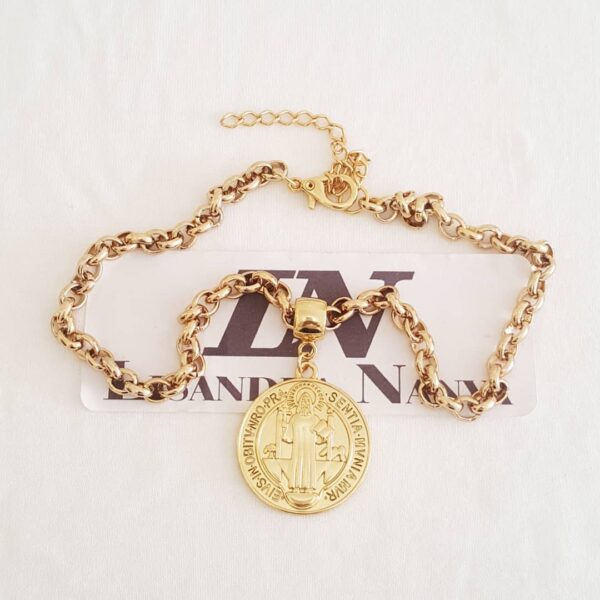 Conjunto São Bento Banho Ouro Colar Corrente Aço Elo Português-106 + Pulseira