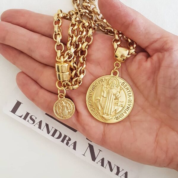 Conjunto São Bento Banho Ouro Colar Corrente Aço Elo Português-106 + Pulseira