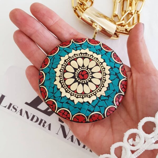 Conjunto Colar e Pulseira Tibetanos Caquinho Cerâmica Turquesa