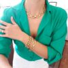Conjunto 2 Pulseiras + Colar Elo Retangular Grande Banho Ouro Corrente Metal