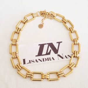 Colar Elo Retangular Banho Ouro Corrente Metal Grande Fecho Mosquete