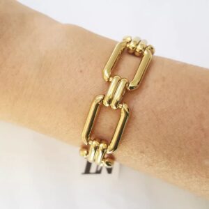 Pulseira Elo Retangular Banho Ouro Corrente Metal Grande Fecho Mosquete 