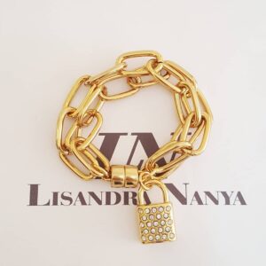 8293e Pulseira Pingente Cadeado Strass Banho Ouro Corrente Aço Elo Oval-150 Fecho Ímã