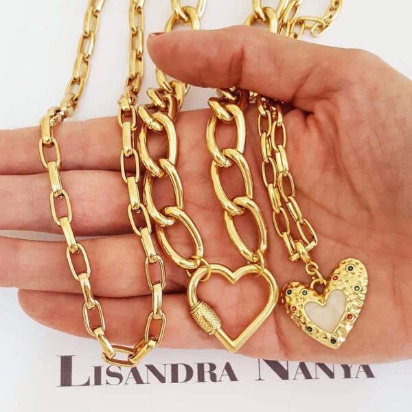 Conjunto 3 Colares Banho Ouro Coração Elos Grandes Corrente Aço