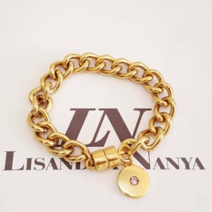 8300c Pulseira Escrito Luz c/ Pedrinha Banho Ouro Elo Grumet-117 Corrente Aço