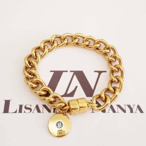 8300e Pulseira Escrito Felicidade c/ Pedrinha Banho Ouro Elo Grumet-117 Corrente Aço