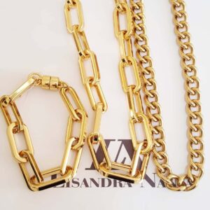 Conjunto Dourado 2 Colares + 1 Pulseira Corrente Metal Banho Ouro Elos Grandes