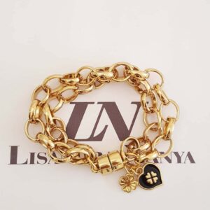 Pulseira Trevo da Sorte Banho Ouro Elo Português-145 Corrente Aço