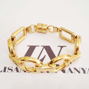 8309c Pulseira Elos Redondos Intercalados Retangulares Banho Ouro Fecho Ímã