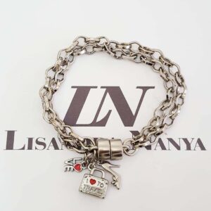 8312c Pulseira Prateada Pingente Salto Mala Love Elo Losango Corrente Aço