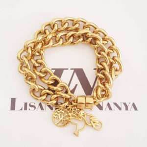 Pulseira Paz Figa Árvore Vida Banho Ouro Elo Grumet-117 2 Voltas Corrente Aço