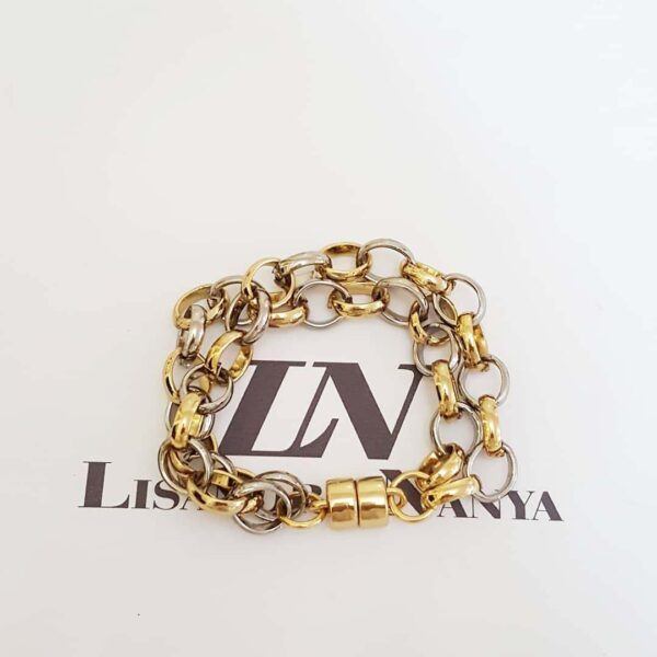 Pulseira Elo Português-145 Banho Ouro/Prateado Corrente Aço Fecho Ímã