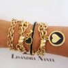 Conjunto 4 Pulseiras Banho Ouro coração Detalhe Preto Corrente Aço