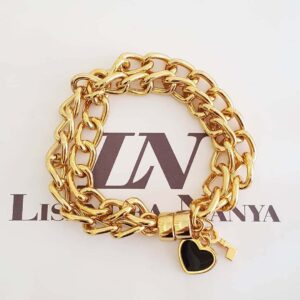 Pulseira Pingente Coração Chave Banho Ouro 2 Voltas Corrente Aço Elo Grumet-73
