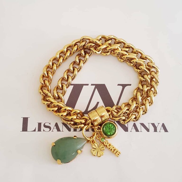 Pulseira Pingente Gota Quartzo Verde Banho Ouro Corrente Aço Elo Grumet-98 