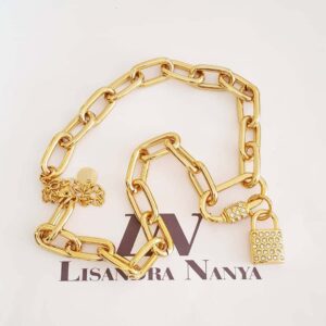Colar Pingente Cadeado Strass Banho Ouro Elo Retangular-423 Corrente Aço