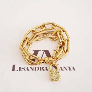 Pulseira Pingente Cadeado Strass Banho Ouro Elo Retangular-423