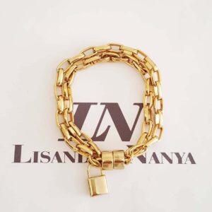 Pulseira Pingente Cadeado Banho Ouro 2 Voltas Elo Retangular-129 Corrente Aço