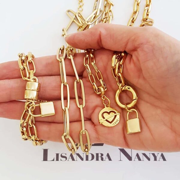 8329f Conjunto 3 Colares + Pulseira Banho Ouro Pingentes Coração Cadeado