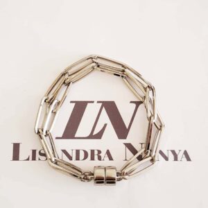 Pulseira Prateada Elo Retangular Comprido Fecho Ímã 18cm Pulseira Elo Retangular-424 Comprido Banho Galvânico Prateado Corrente Aço