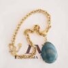 Colar Pedra Mineral Ágata Azul Oval Banho Ouro Elo Cadeado-93 Corrente Aço