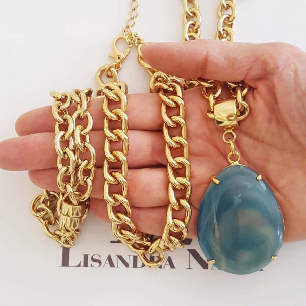 8331f Conjunto Ágata Azul 2 Colares + Pulseira Banho Ouro Correntaria Grossa