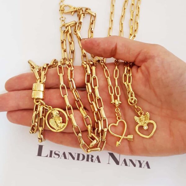 Conjunto 3 Colares + Pulseira Pingente Anjo da Guarda Coração Banho Ouro