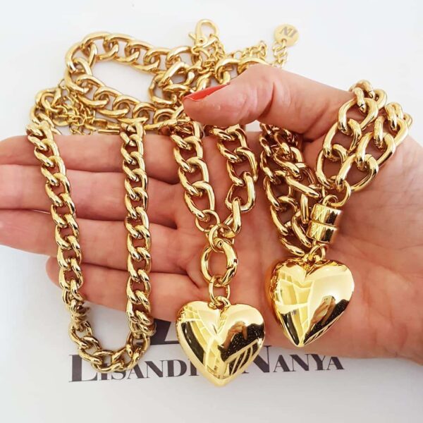 Conjunto Elo Grumet Pingente Coração Banho Ouro 2 Colares + Pulseira