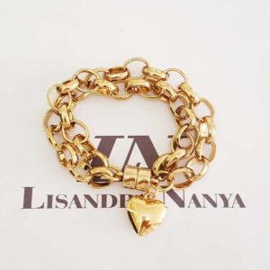 Pulseira Coração Pequeno Banho Ouro Corrente Aço Elo Português-145