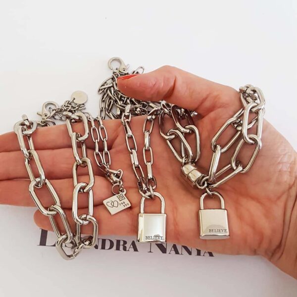 Conjunto 3 Colares + 1 Pulseira Pingentes Cadeado Carta Amor Banho Prateado
