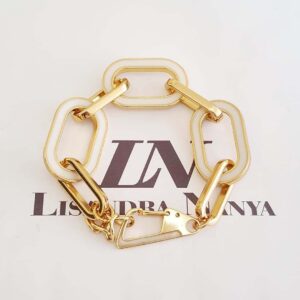 Pulseira Elo Oval Gigante Detalhe Branco Banho Ouro Corrente Metal