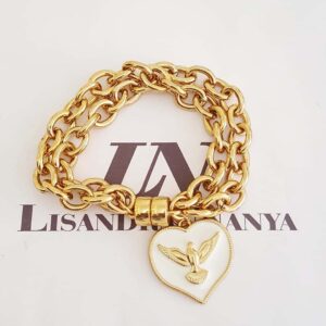 Pulseira Pombinha Paz Coração Branco Banho Ouro Elo Cadeado-93 Corrente Aço