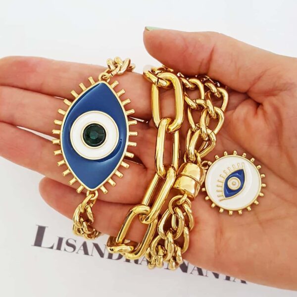 Conjunto 3 Pulseiras Olho Grego Banho Ouro Corrente Aço Fecho Ímã