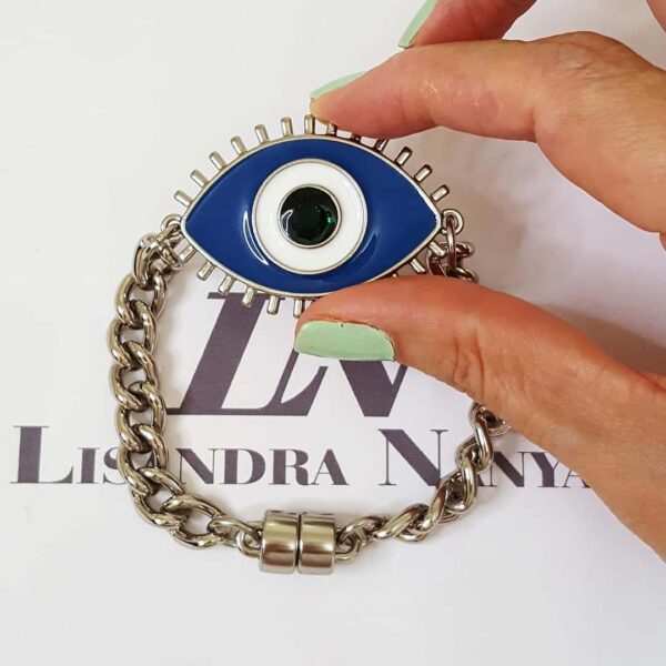 8349b Pulseira Olho Grego Grande Azul Banho Prateado Corrente Aço Elo Grumet-98