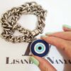 Pulseira Olho Grego Redondo Branco Banho Prateado Elo Grumet-117