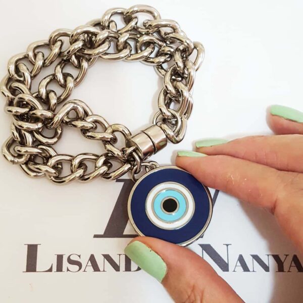 Pulseira Olho Grego Redondo Branco Banho Prateado Elo Grumet-117