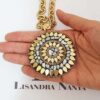8354d Colar Tibetano Mandala Caquinho Cerâmica Branca Corrente Aço Banho Ouro