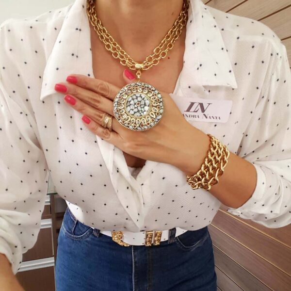 8355b Colar Tibetano Mandala Caquinho Cerâmica Branca Corrente Aço Banho Ouro