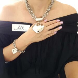 Conjunto Colar + Pulseira Coração Geométrico Elo Português-23 Banho Prateado