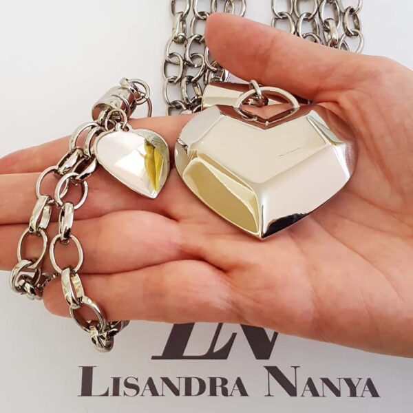 8359e Conjunto Colar + Pulseira Coração Geométrico Elo Português-23 Banho Prateado