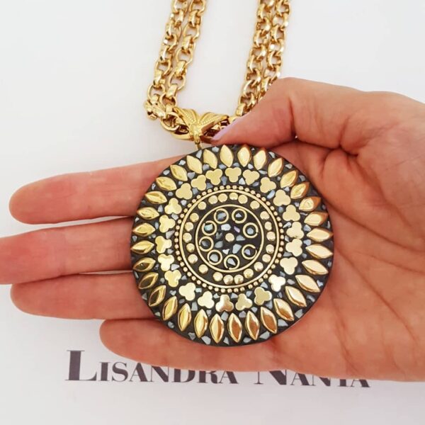 8360d Colar Tibetano Mandala Caquinho Cerâmica Branca Elo Português-106 Banho Ouro