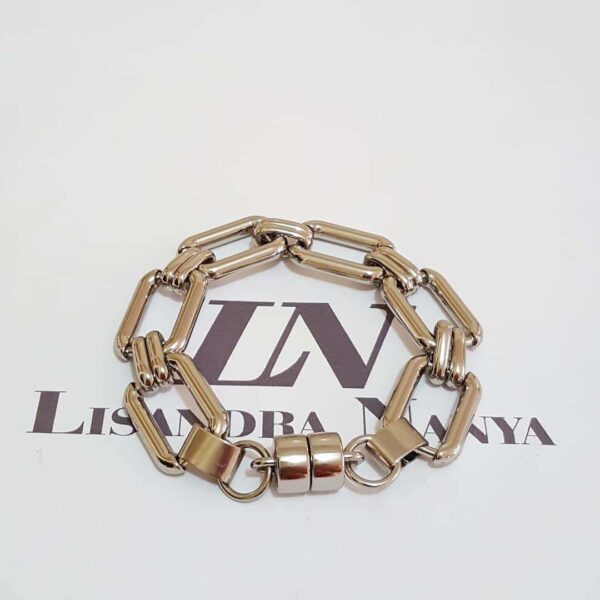 Pulseira Elos Retangulares Grandes Intercalados Banho Galvânico Prateado