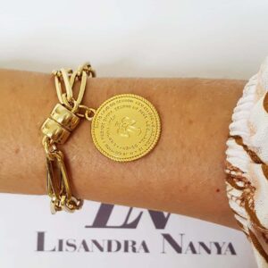 Pulseira Medalha Anjo da Guarda Elo Retangular-424 Banho Ouro